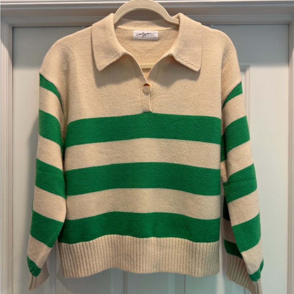 CJLA Brea Cream and Green Striped V‑Neck Polo Sweater